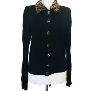 MCNY Faux Leopard Detail Black Ribbed Sweater | Large